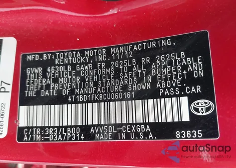 2012 Toyota Camry Hybrid Xle from USA, damaged, VIN 4T1BD1FK8CU060161